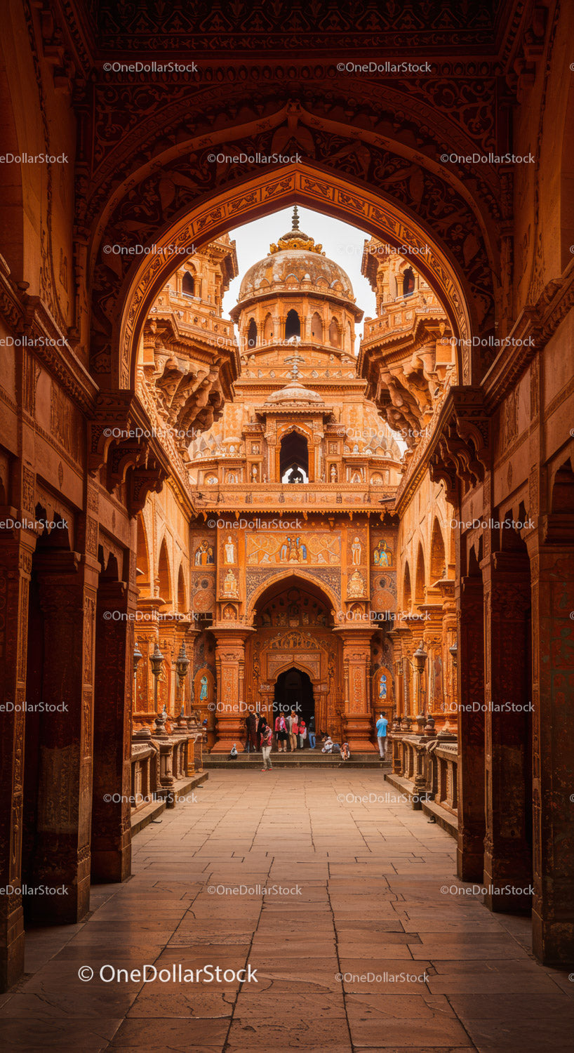 Ornate Indian Temple Entrance with Detailed Carvings and Sandstone Architecture