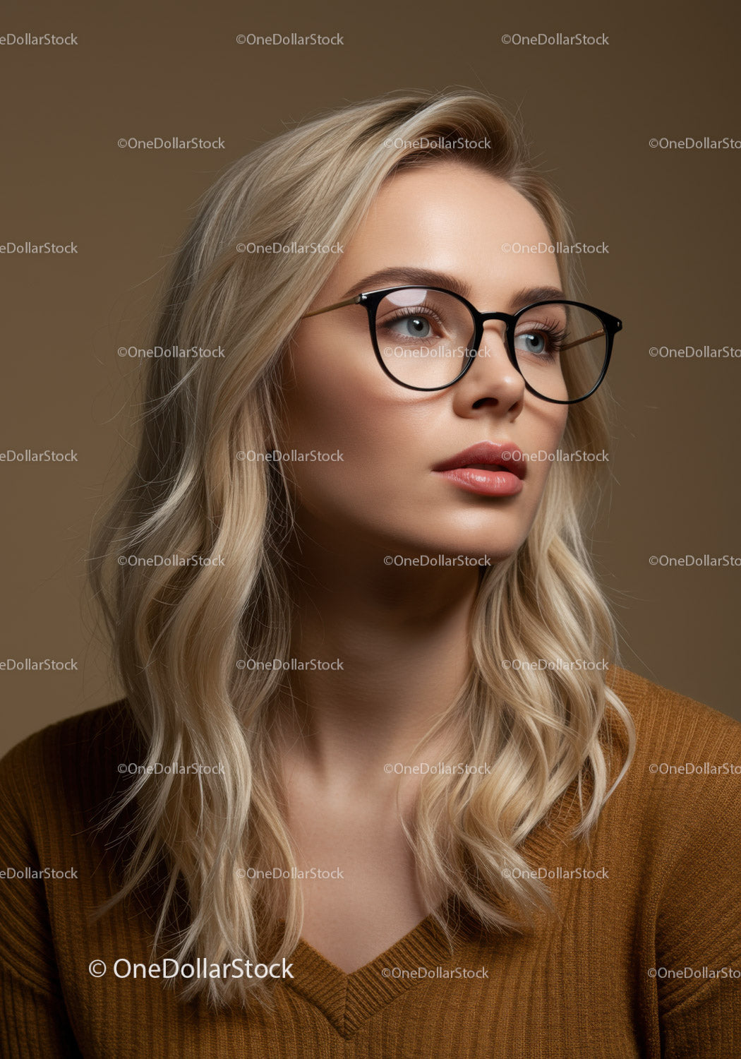 Stylowa blondynka w okularach na portrecie w nowoczesnym wnętrzu