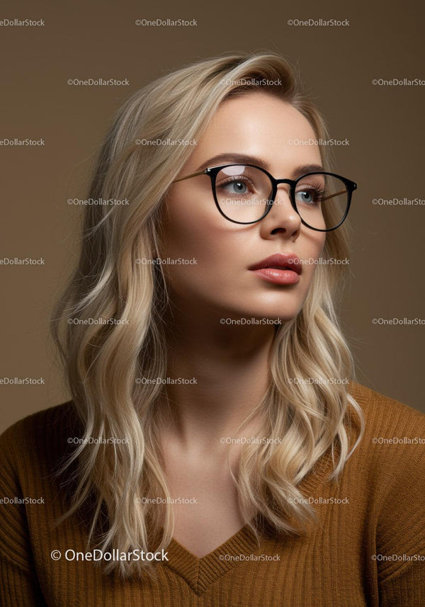 Stylish Blonde Woman Wearing Glasses Portrait in Modern Indoor Setting