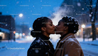 Couple sharing a tender kiss on snowy winter evening