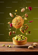 Floating pistachio tart with nuts and caramel drizzle