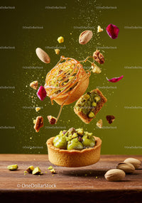 Floating pistachio tart with nuts and caramel drizzle