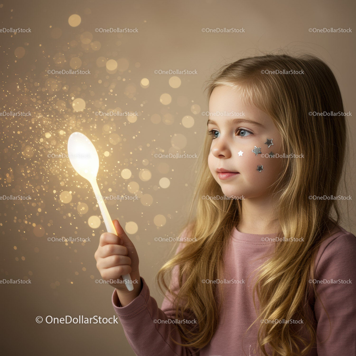 Little girl holding glowing spoon with magical sparkles