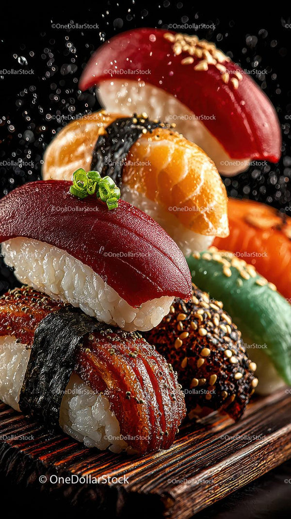 Colorful Sushi Assortment on Wooden Board Highlighting Fresh Fish and Vegetables