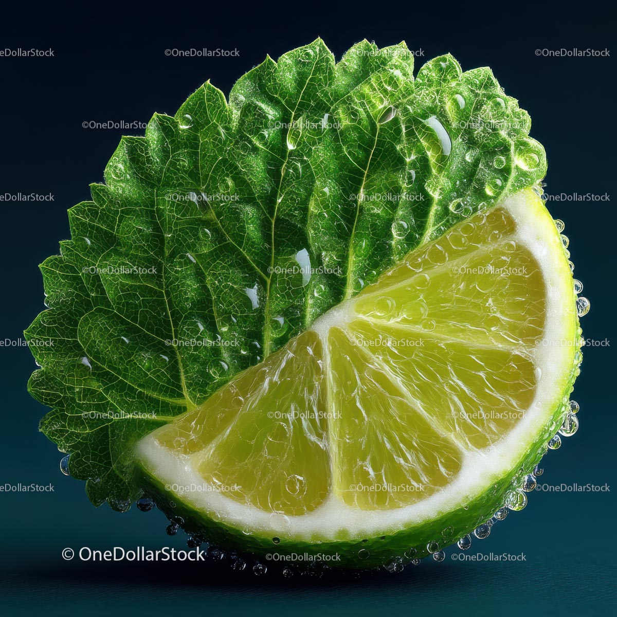 Close-Up of Fresh Lime with Mint Leaf and Water Droplets