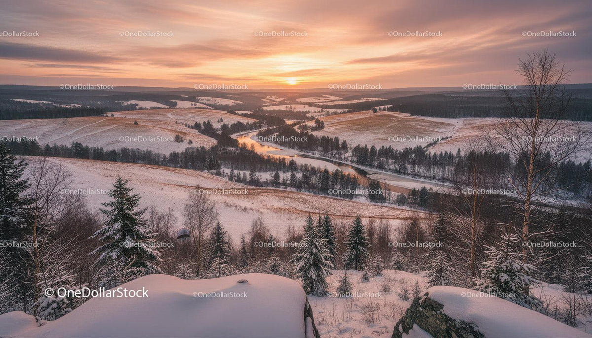 Peaceful Winter Sunset Over Snowy Rolling Hills