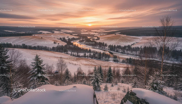 Peaceful Winter Sunset Over Snowy Rolling Hills