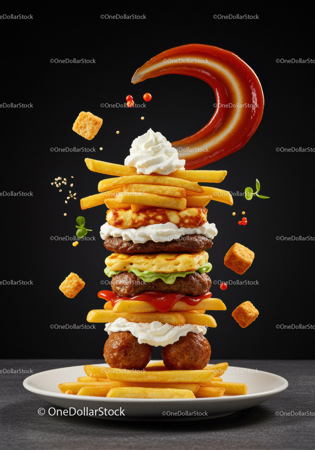 Burger typu fast food z frytkami i sosem