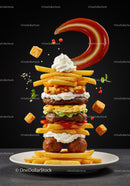 Stacked gourmet fast food burger with fries and sauce