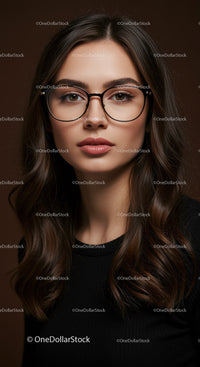 Elegant Young Woman with Brown Hair Wearing Glasses in Studio Portrait