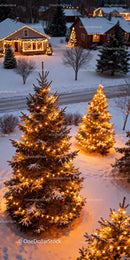 Snowy neighborhood with warmly lit Christmas trees and homes