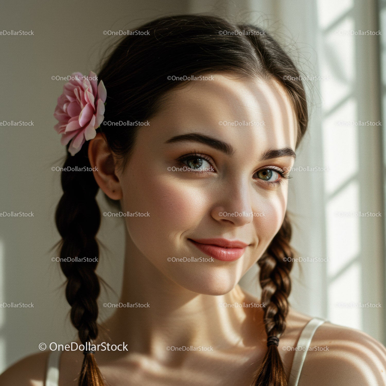 Young Woman With Braided Hair and Pink Flower in Natural Light