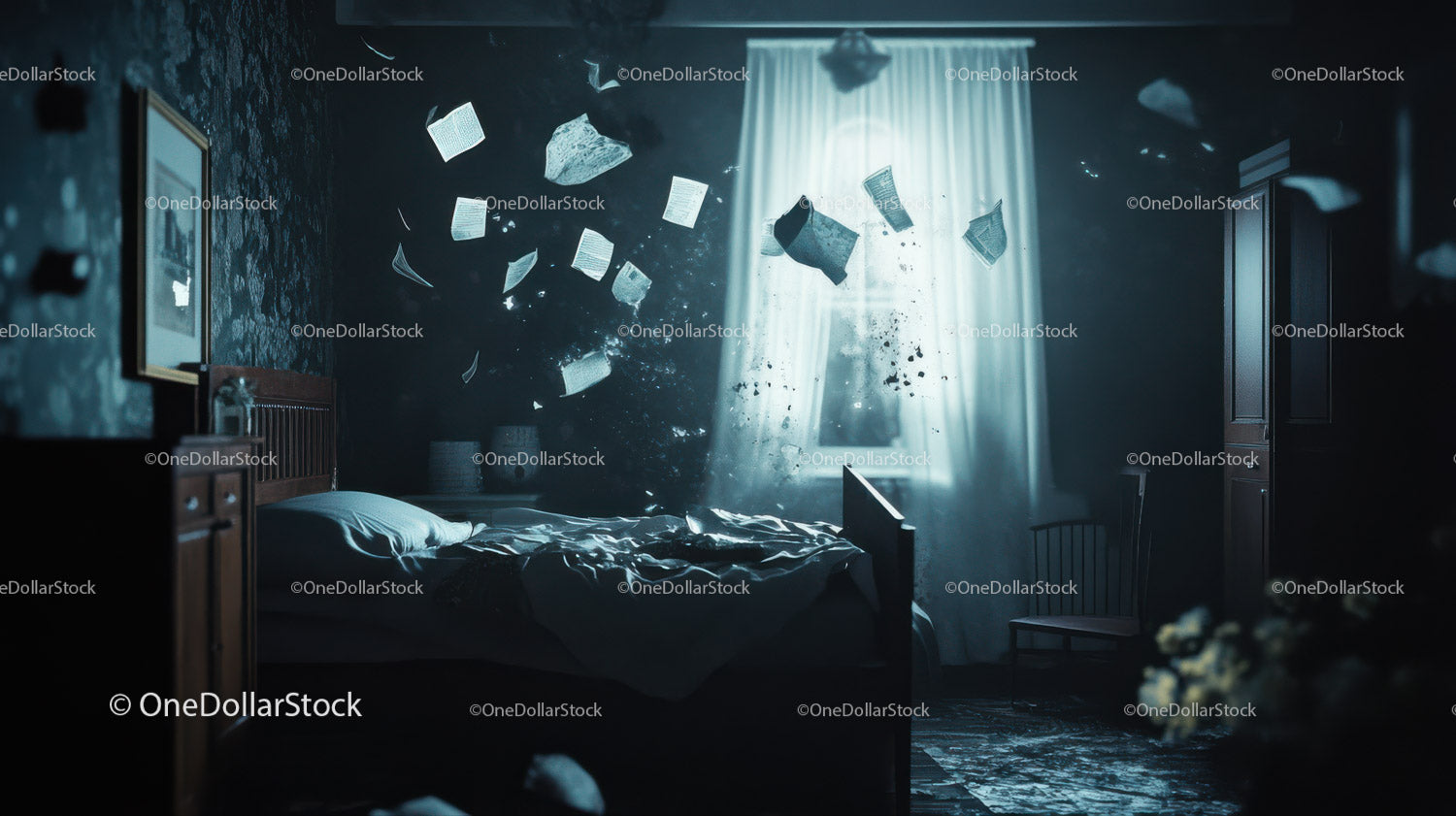 Haunted Bedroom with Flying Papers and Eerie Atmosphere