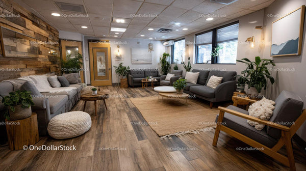 Nowoczesny Przytulny Salon z Drewnianą Ścianą Akcentową i Roślinami Doniczkowymi