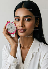 Portrait of an Asian Woman Holding a Fresh Dragon Fruit as a Beauty and Wellness Symbol