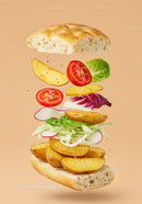 Deconstructed vegetarian sandwich with roasted potatoes and fresh vegetables