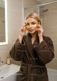 Woman with Gold Under Eye Masks Relaxing in Bathroom