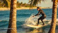 Focused woman surfing close to tropical shore
