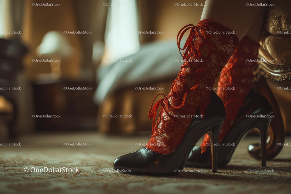Chic Black Heels and a Red Lace Dress in a Cozy Bedroom Setting