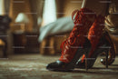 Chic Black Heels and a Red Lace Dress in a Cozy Bedroom Setting