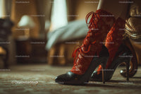 Chic Black Heels and a Red Lace Dress in a Cozy Bedroom Setting