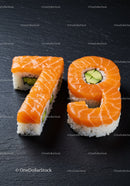 Fresh salmon sushi rolls shaped as number seventy nine