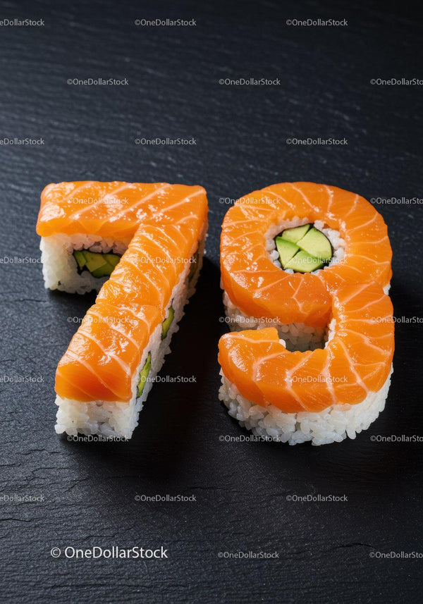 Fresh salmon sushi rolls shaped as number seventy nine