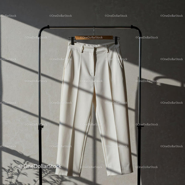 Elegant white trousers hanging in soft natural light JPG Mockup Image