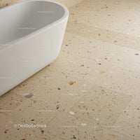 Contemporary White Bathtub on Beige Terrazzo Floor in Modern Bathroom