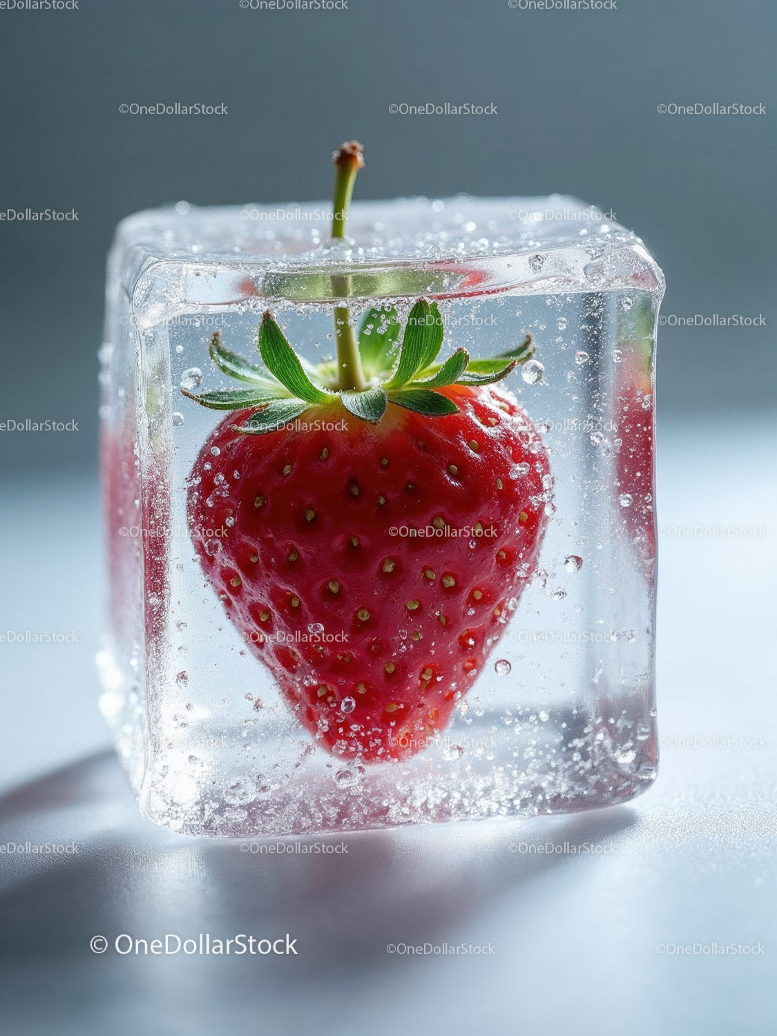 Fresh strawberry frozen inside clear ice cube