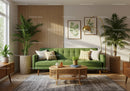 Cozy living room with green sofa and natural decor