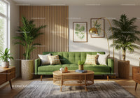 Cozy living room with green sofa and natural decor