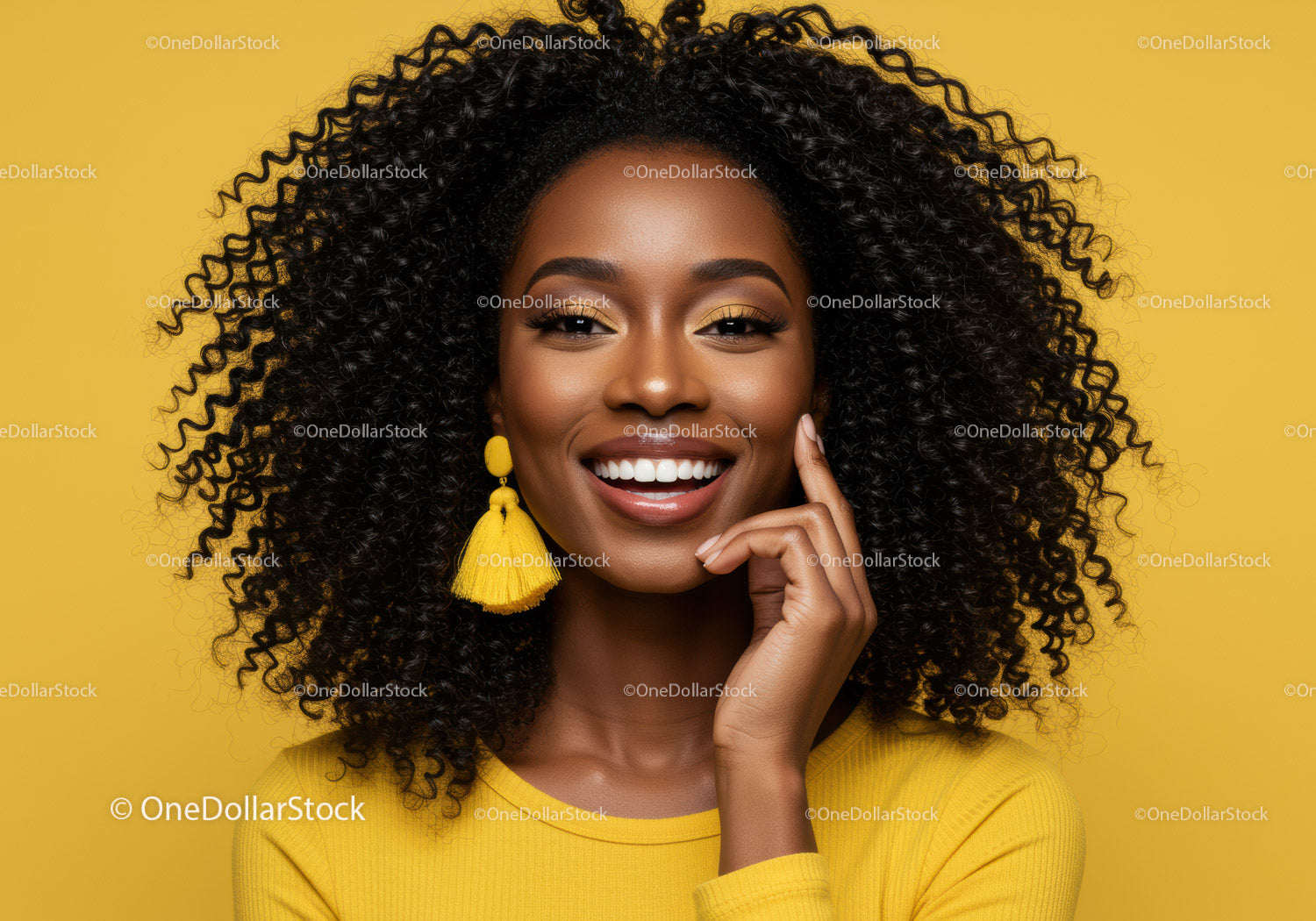 Portrait of a Smiling Woman with Curly Hair and Yellow Fashion Style