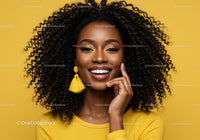 Portrait of a Smiling Woman with Curly Hair and Yellow Fashion Style