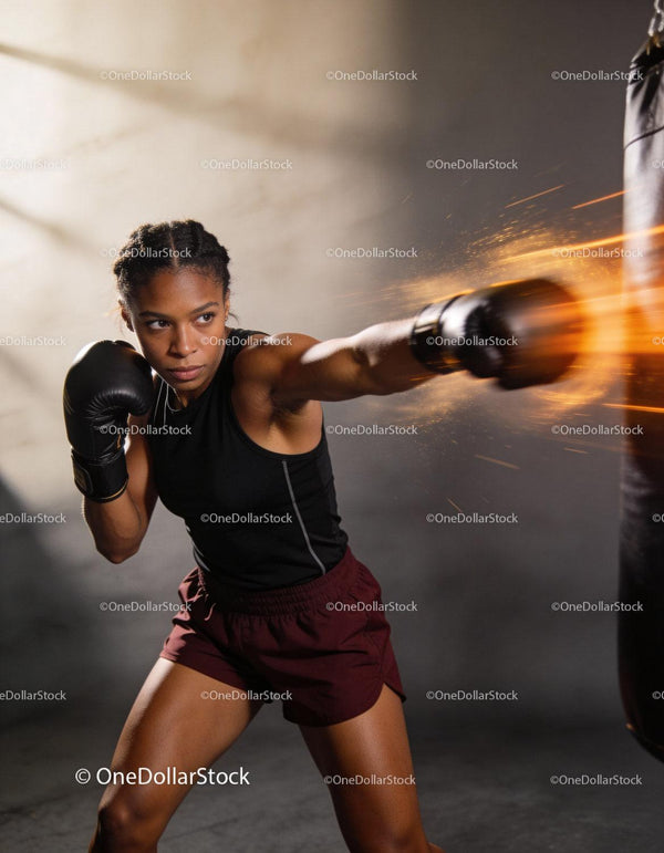Focused female boxer training with intense punch