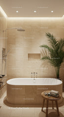 Modern Spa Bathroom with Beige Marble Tiles and Indoor Plant