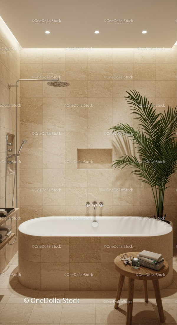 Nowoczesna łazienka spa z beżowymi marmurowymi płytkami i rośliną doniczkową