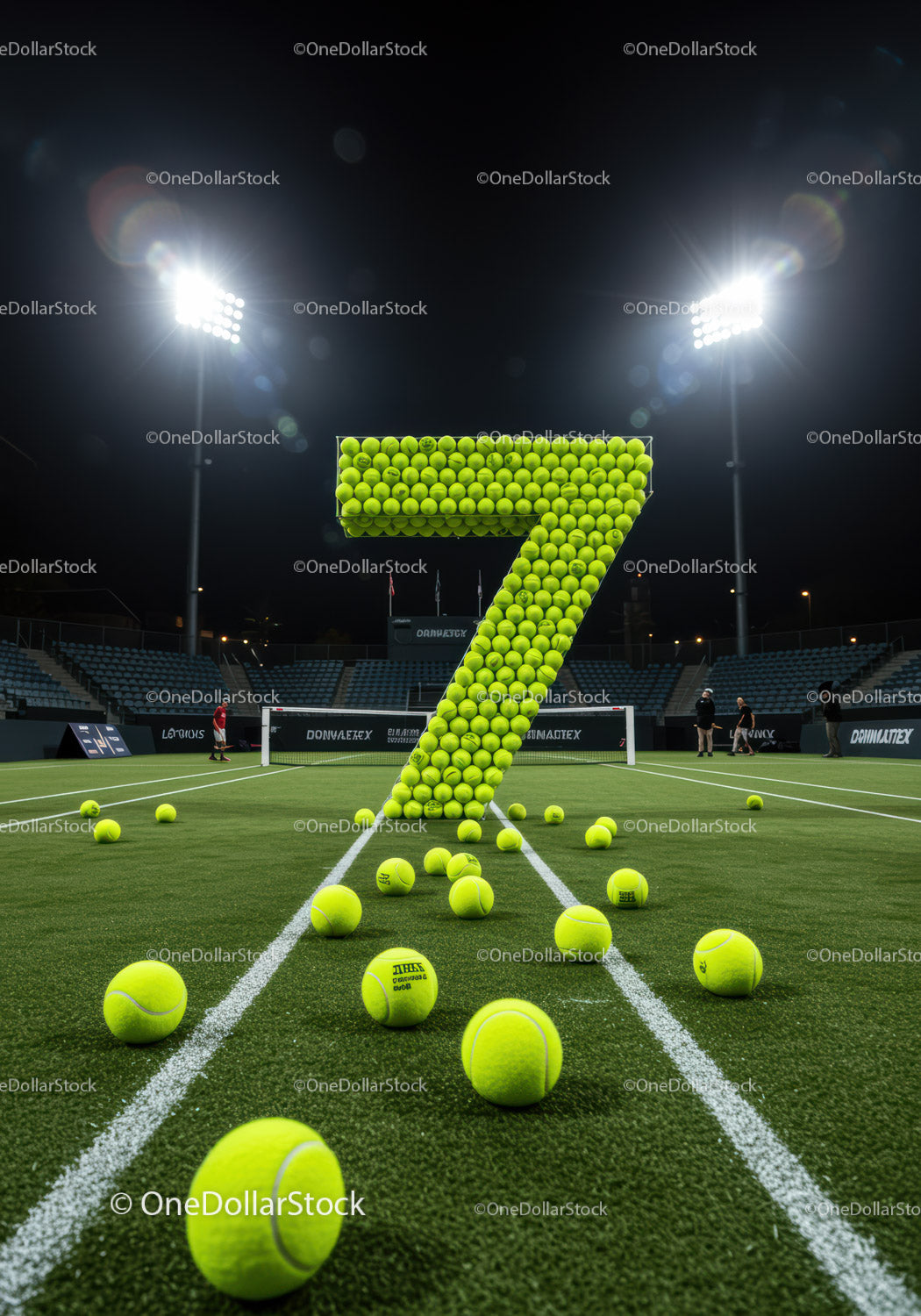Number Seven Composed of Tennis Balls on Court Night
