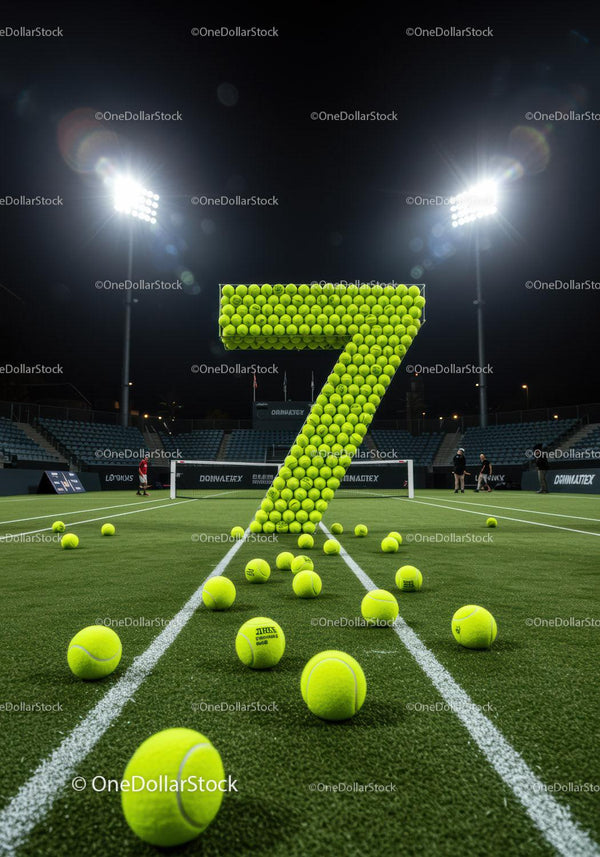 Number Seven Composed of Tennis Balls on Court Night