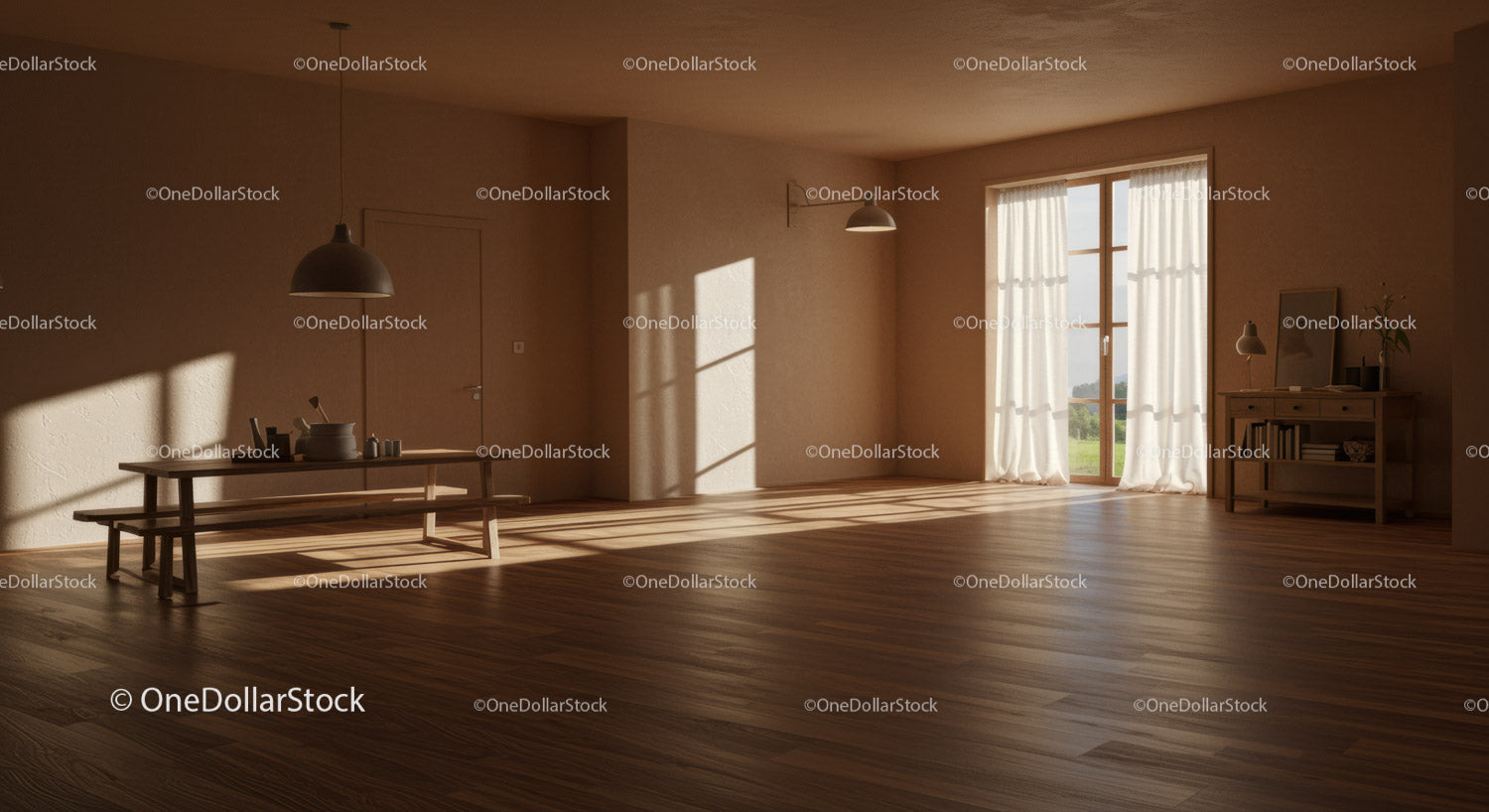 Bright Sunlit Spacious Room with Wooden Floor and Minimalist Decor