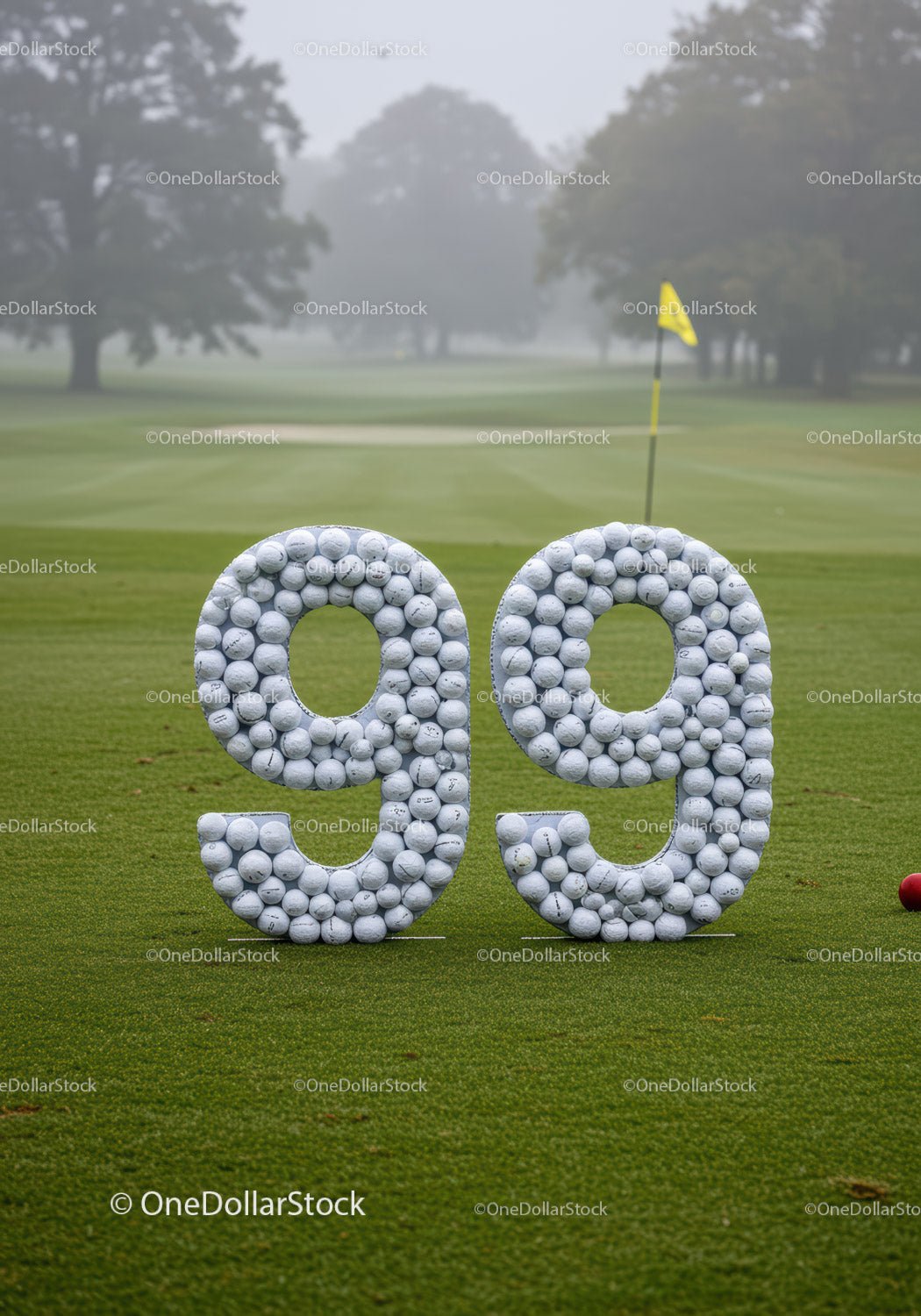 Znaczniki odległości pola golfowego wykonane z piłek golfowych na zielonym polu