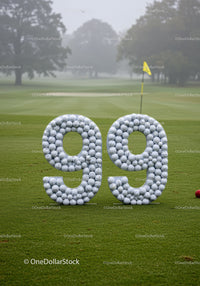 Golf Course Yardage Markers Made of Golf Balls on Green