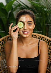 Smiling Woman with Facial Mask and Cucumber Slice in a Relaxing Spa Setting