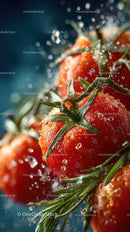 Close-Up of Juicy Red Cherry Tomatoes with Water and Rosemary