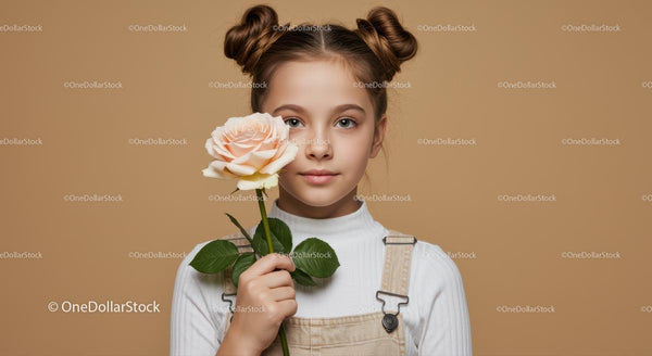 Portret Młodej Dziewczynki z Blond Włosami w Kokach Trzymającej Różową Różę