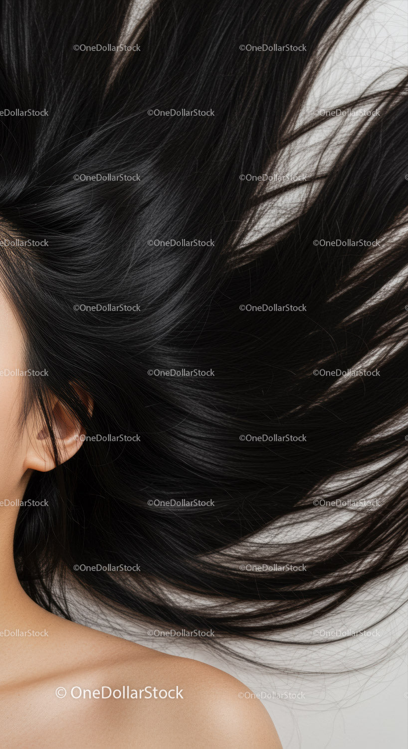 Close up of woman with flowing shiny black hair