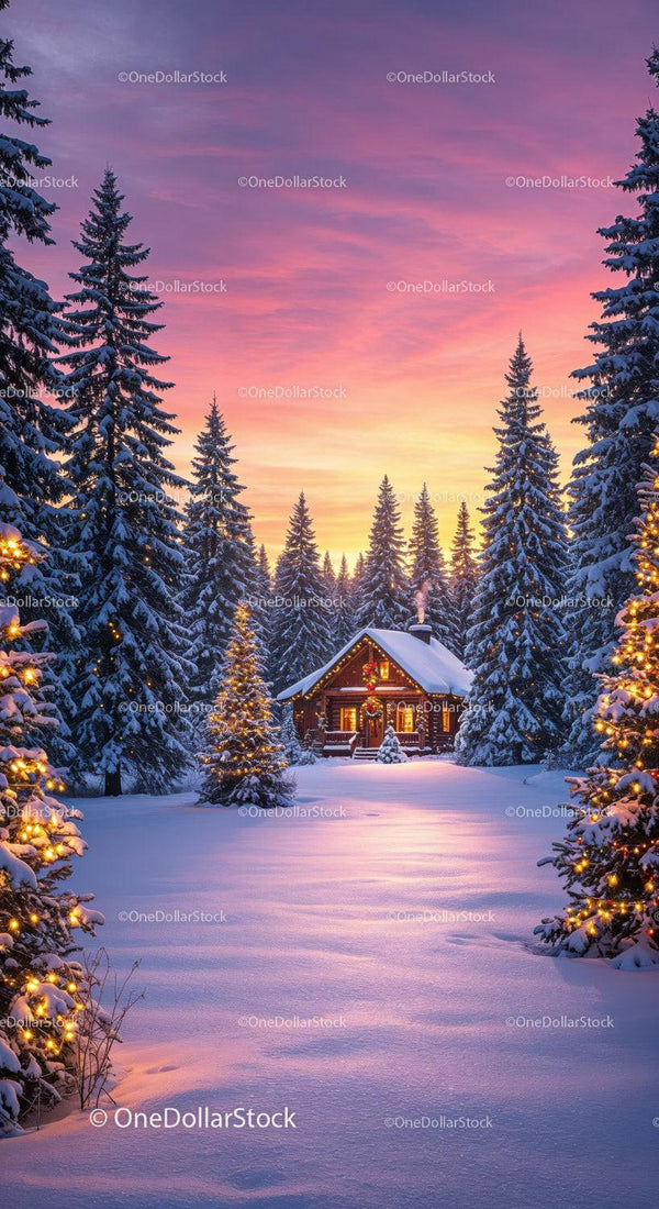 Cozy Winter Cabin Among Snowy Pine Trees at Sunset