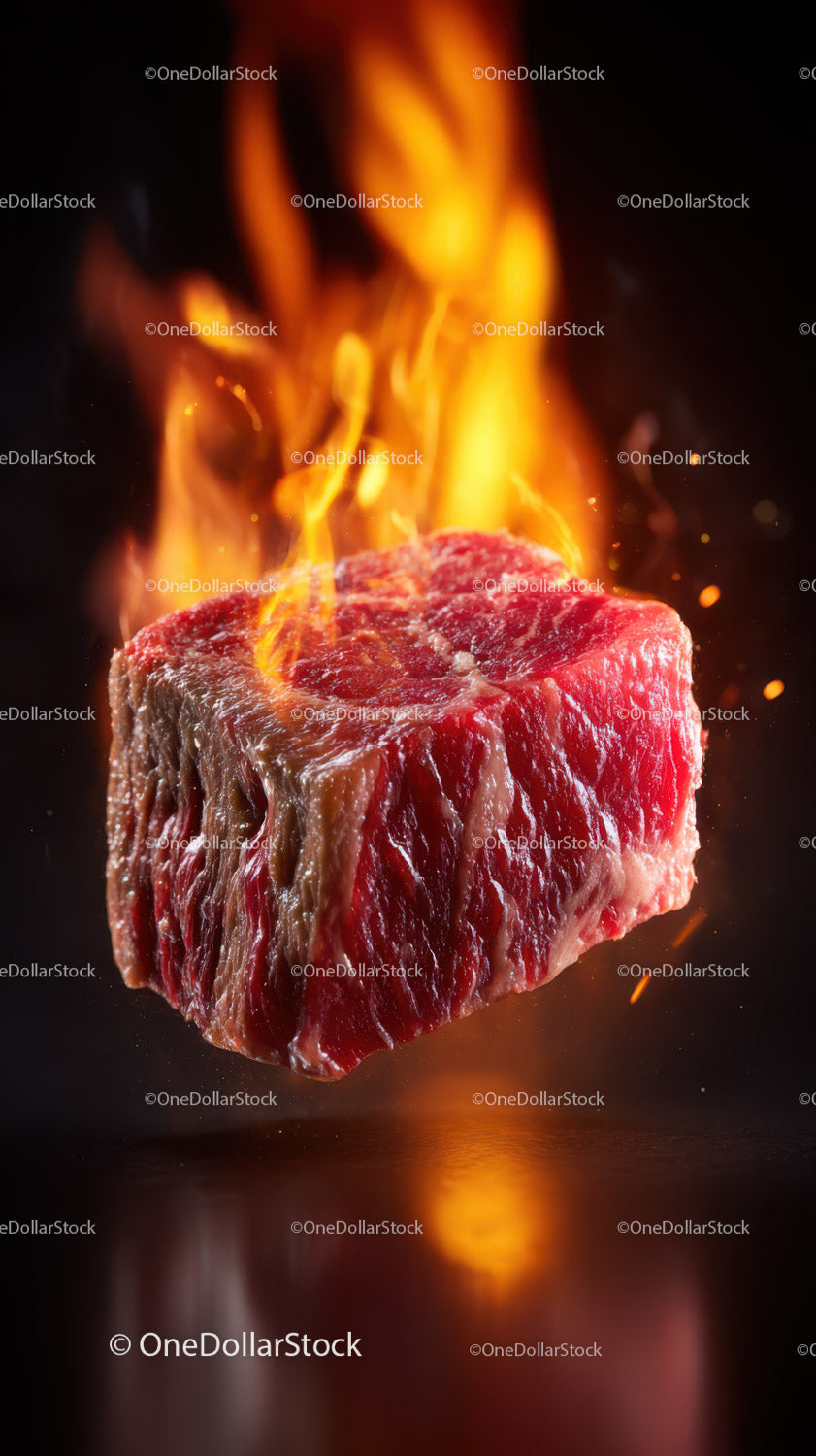 Close-Up of Raw Beef Steak with Flames and Fire in Background