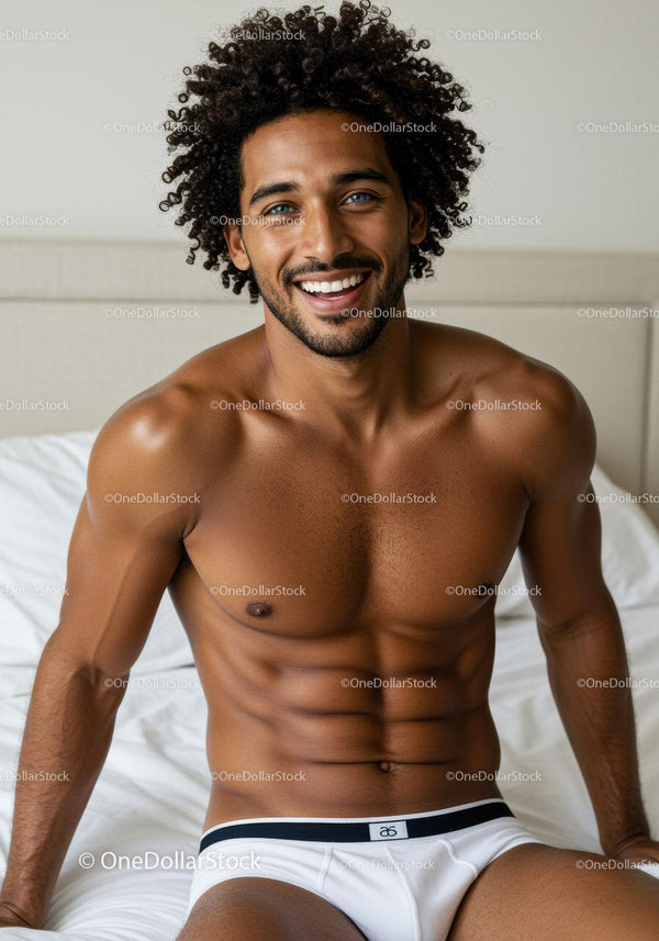 Smiling young man relaxing on bed in white underwear