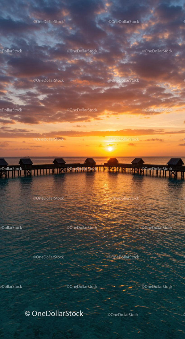 Beautiful Sunset Over Calm Ocean with Overwater Bavilions